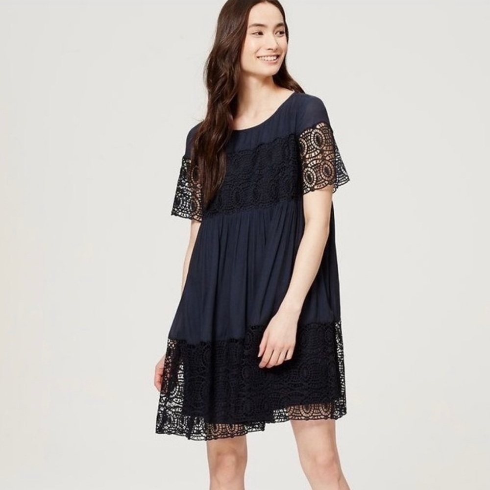 LOFT Lace Babydoll Dress in Navy Women's Size S